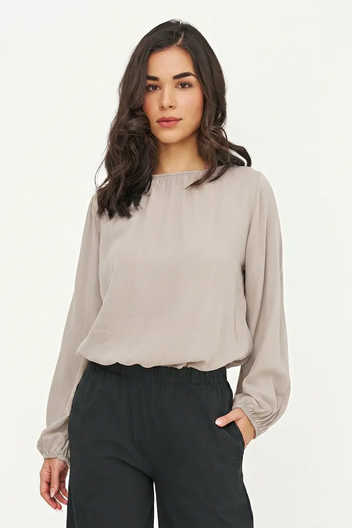Warm greige blouse, front pose
