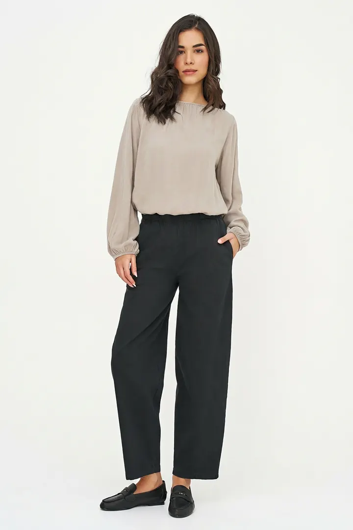 Warm greige blouse, full length pose
