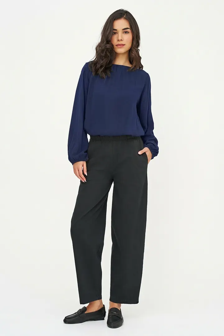 Navy blouse, full length pose
